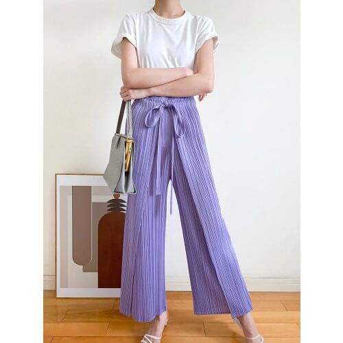 Miyake Pleated female skirt pants two piece lace pants double layer design strap wide leg pants loose thin elastic trousers