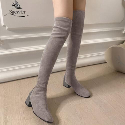 Sgesvier Women Stretch Boots Winter Thick Heel Over the Knee Boots Slim Girl Tall Boots Female Shoes Big Size 33-43 Footwear