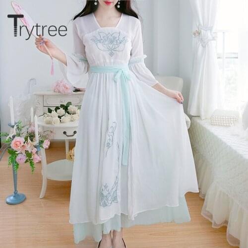 Trytree 2020 Summer Woman Casual Dress V-neck Embroidery Patchwork Flare Sleeve Belt High Waist Dress Fashion Elegant Dress
