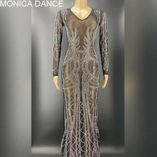 Women Sexy Stage Sparkly Black Mesh Silver Stones Dress Evening Long Dress Birthday Celebrate Stretch Dance Long Sleeves Dress