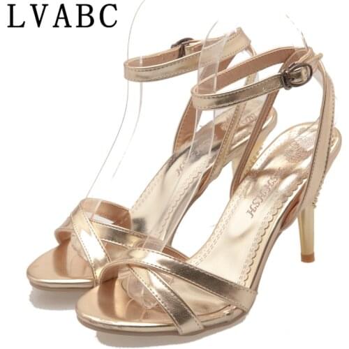 LVABC Women Sandals Pumps Fashion Buckle Strap Sexy High Heels Wedding Lady Shoes Thin Heels Femme golden size 32-47