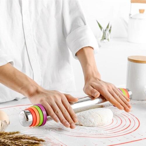 304 Stainless Steel Integrated Seamless MultiPurpose Rolling PinColor Rubber Ring Variable Thickness Can Be Adjusted Pastry Tool