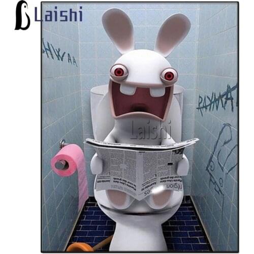 5D DIY Diamond Painting Rabbits toilet Full Square Round Drill Animal Diamond Embroidery Cartoons mosaic Cross Stitch 3D Decor