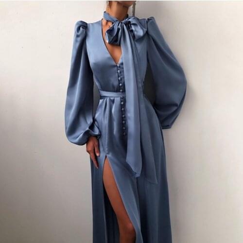 Ardm Elegant V Neck Button Lantern Sleeve White Satin Dresses For Women 2021 French Elegance Split Lace Up Party Maxi Dress