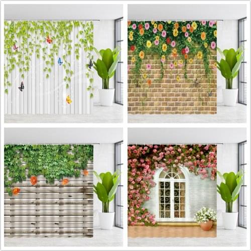 Flower Wall Scenery Shower Curtains Spring Floral Plant Window Arch Vine Dove and Butterfly Bathroom Cloth Hanging Curtain Sets