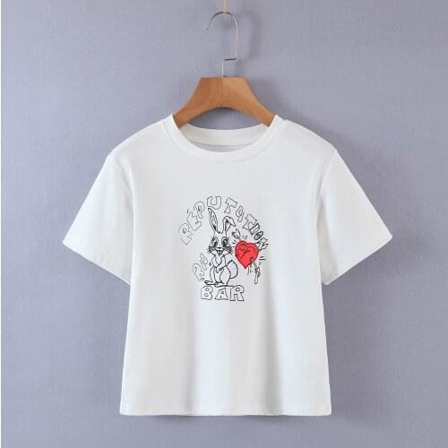 JC·KILIG 2021 Hand-Painted Cute Bunny Print Slim Shape Cotton White T-Shirt L9585