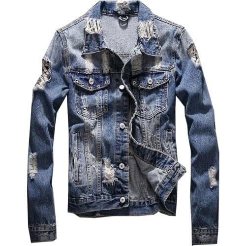New cotton outerwear jean jacket men Slim Fit Casual Retro denim clothing With Hole Coats Men Fashion