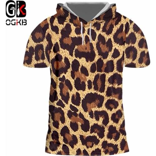 OGKB Summer Mens Drawstring Hooded Trend Leopard Top 3D Print Punk Mens Hooded T-Shirt