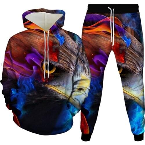 Men Hip Hop Tracksuit Set 3D Print Animal Eagle USA Flag 2Piece Sweatshirts+Sweatpants Women Fashion Hooded Unisex Clothing