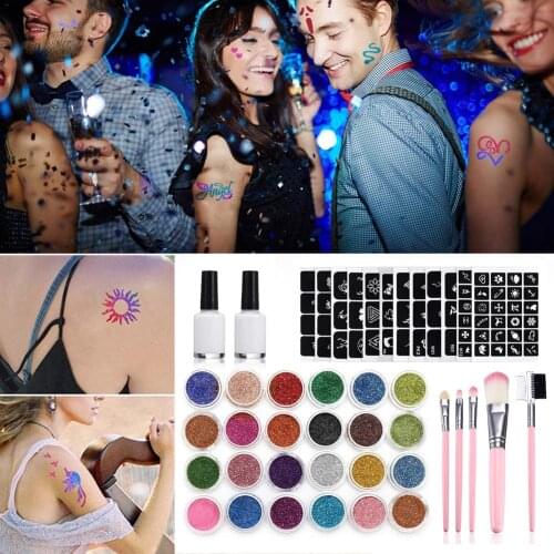 Glitter Tattoo Set with 24 Big Glitter Tubes & 125 Stencils & 2 Glue & 5 Brushes Temporary Tattoos for Kids Teenagers and Adults