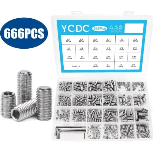 YCDC 666Pcs Set M2 M3 M4 M5 M6 M8 kit Screw Grub Alloy Steel Head Hexagon Headless Assortment Socket Hex Set Screws Flat Point