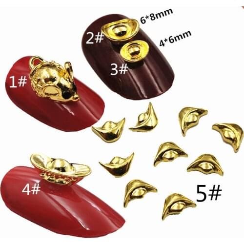 New Year Alloy Nail Art Gold Ingots Mouse With Rhinestone 3D Bride Nail DIY Metal Accessories Design Polish Charms Decals