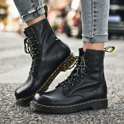 New authentic male Martin leather shoes high-top fashion winter warm snow shoes motorcycle ankle boots unisex