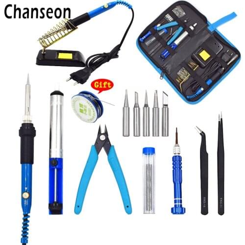 Chanseon New EU/US 60W Adjustable Temperature Electrical Soldering Iron Kit Welding Repair Hand Tool Set with Welding Tools