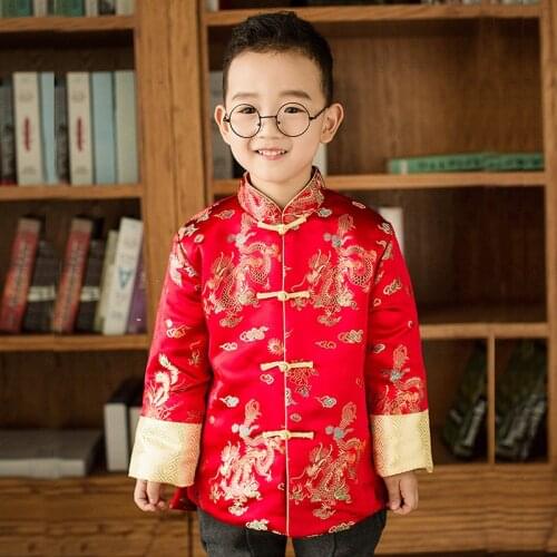 Tang Cheongsam Satin Long Sleeve Loose Coat Red New Year Costumes For Kids Boy Chinese Qipao Children Chinese Style Spring Dress