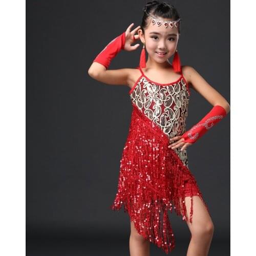 Latin Competition Dress for Children Kids Performance Wear Latin Sequin Tassel Fringed Ballroom Dance Skirt Girls Tango Dress