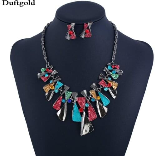 Colorful Enamel Choker Geometric Pendant Necklace Earring Black Alloy Punk Alloy Jewelry Sets For Women Statement Nickel Set