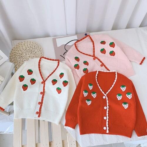 2 3 4 5 6 Y Toddler Girls Sweaters Childrens Casual Lovely Knit Cardigan Girls Cute StrawBerry Embroidery Sweater Coat for Baby