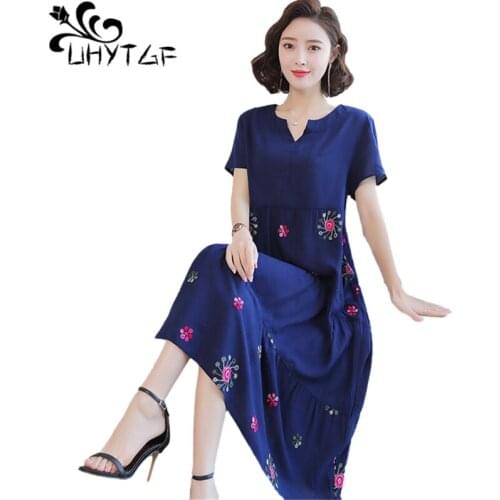 UHYTGF Summer Womens Dress 2021 Fashion Embroidered Soft Cotton Silk Elegant Female Dresses Beach Long 4XL Plus Size Dress 1609