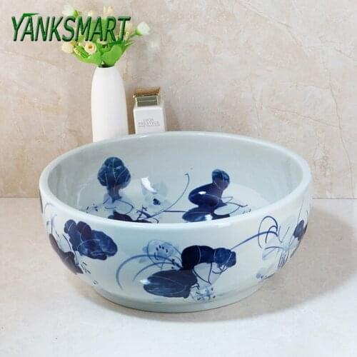 YANKSMART Bathroom Ceramic Round Washbasin Vessel Lavatory Counter Top Wash Basin Sink Combination Set Mixer Faucet