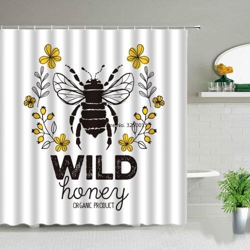 Cartoon Golden Hive Honey Bees Pattern Bathroom Curtains Animal Waterproof Cloth Shower Curtain Set Bath Bathtub Decor With Hook