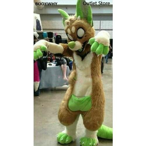 Green Long Fur Husky Wolf Dog Mascot Costume Cosplay Dress Outfit Fursuit Xmas Carnival Halloween Easter Advertising Apparel