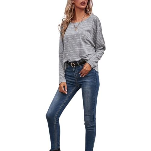 Women Spring Autun Jumper T-Shirt Stripe Round-Neck Long Sleeves Pullover Tops for Girls Black/Gray/White