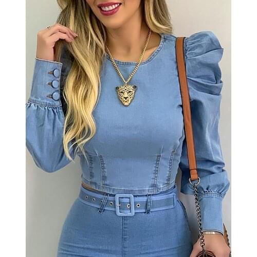 Women Round Neck Puff Sleeve Corset Top Long Sleeve Blue Denim Shirt Sexy Tops and Blouses Denim Top Shirt Sweetheart Slim