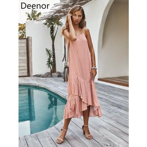 Deenor 2021 Summer Polka Dot Print Dress Women Off Shoulder Ruffle Party Dress Sexy Suspender Backless Long Dresses Vestidos