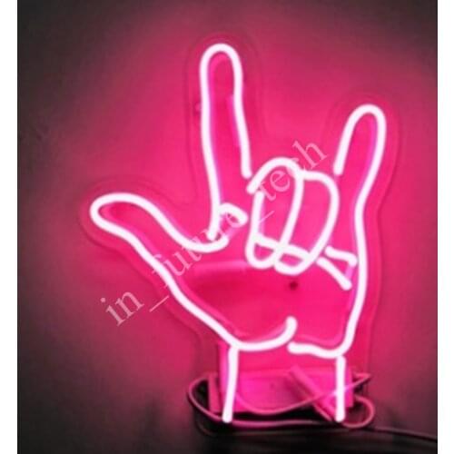 14“ Rock Roll Hand Gesture Pink Acrylic Custom Neon Light Lamp Sign Beer Bar Glass Decorate Home Wall Room Windows Tube Artwork