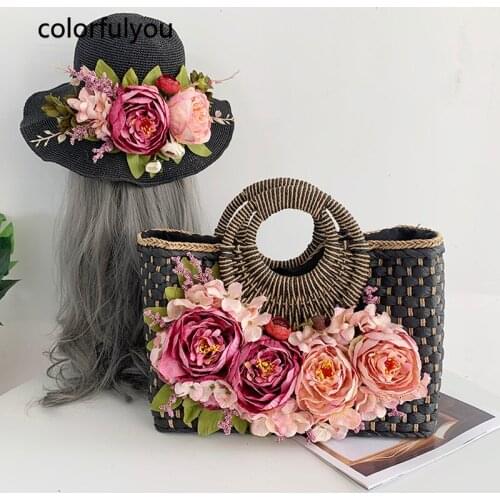 2021 Summer Hand-Woven Rattan HandBag Flowers Larger Capacity Handmade Straw Tote Bags Luxury Ring Handle Beach Bag with Sun Hat