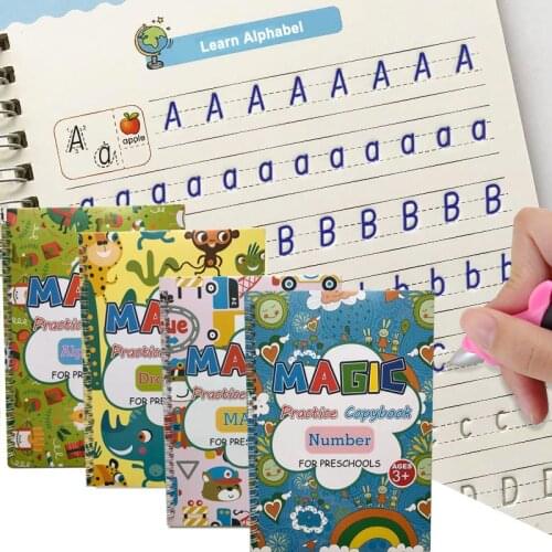 4 Books + Pen Magic Practice Book copybook for school English Word Sticker Groove Copybook For Calligraphy Montessori Toys WXICQ