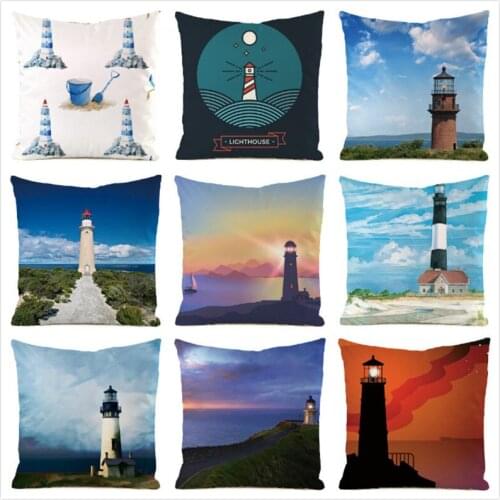 45cm*45cm Lighthouse under the night sky imitated silk fabric throw pillow covers couch cushion cover home decorative pillows