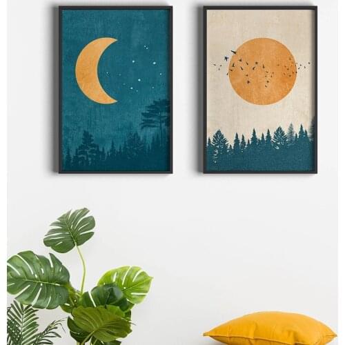 Abstract Boho Landscape Pictures Moon Sun Posters And Prints Vintage Wall Art Nordic Forest Canvas Painting For Bedroom Decor