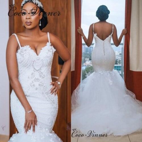 Sequin And Crytstal Beaded African Mermaid Wedding Dresses 2021 New Arrial Straps Lace Appliques Plus Size Wedding Dress W0717