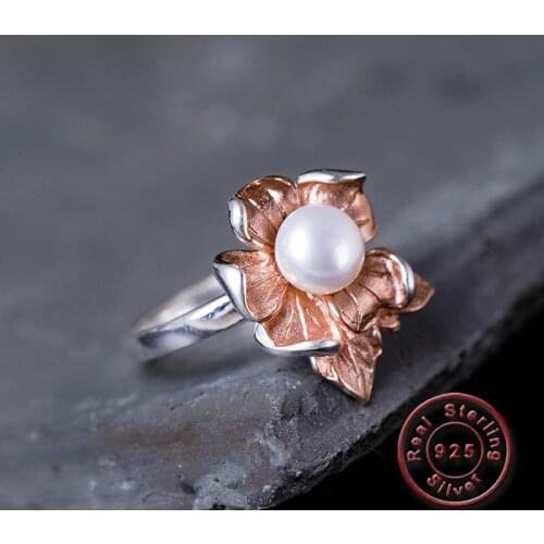 Amxiu Natural Freshwater Pearl Ring 925 Sterling Silver Ring Jewelry Handmade Pink Flower Open Rings For Women Girls Accessories