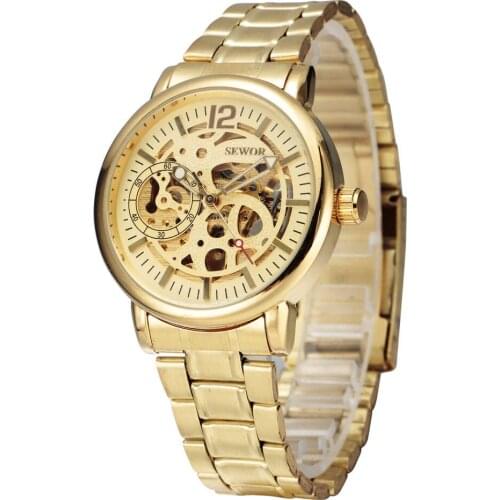 SEWOR Top Brand Luxury Gold Skeleton Watches Men Hollow Automatic Mechanical Watches Luxury Men Dress Watches relogio masculino