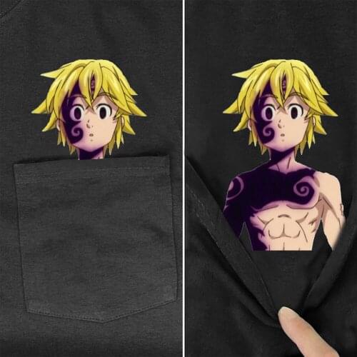 Black Cotton T-Shirts Fashion Brand Summer Pocket The Seven Deadly Sins Printed T-shirt Meliodas Hip Hop Tops Funny Cotton Tees