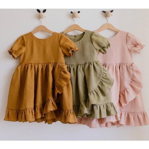 Children Dresses For Girls Clothes Short Puff Sleeve Toddler Beach Dress Ruffles Lace Design Princess Linen Cotton Girls Dress