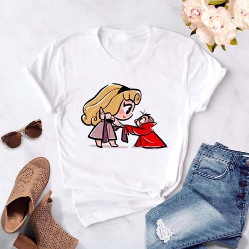 Female T-shirt Harajuku Fashion Princess Aurora Sleeping Beauty and Cat Fun T Shirt Woman Leisure Streetwear Aesthetic Tshirt