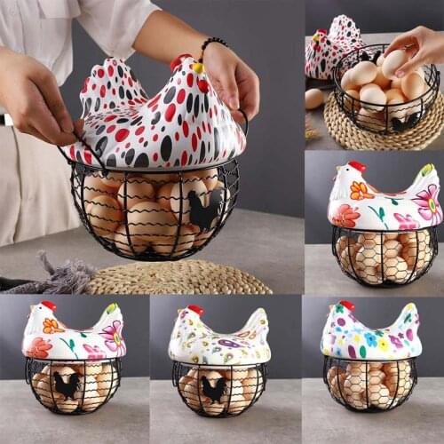 Creative Kitchen Chicken Egg Basket Painted Colorful Ceramic Wire Hen Storage Holder Decoration Home Fruit Container Tool