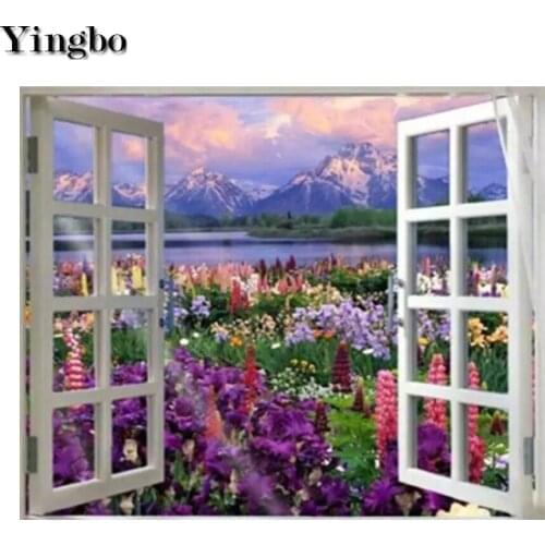 Diamond Painting Kit Snow Mountain River Garden Window Diamond Embroidery Full Square round Beaded DIY Rhinestone Home Decor