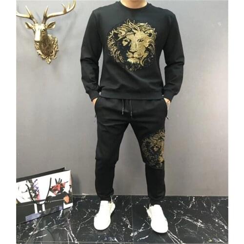 New winter sportswear padded mens hoodie suit rhinestones cotton suit street casual