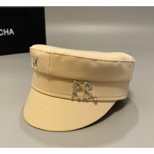 USPOP New Cotton and Linen Rhinestone Letter Newsboy Caps Women Flat Militray Caps