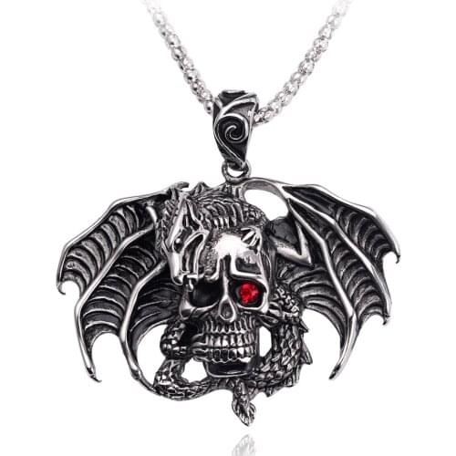 Wholesale Dragon Skeleton Skull Head Pendant Necklaces Gothic Luck Satanism Occult Metal Vintage Hellfire Punk Necklace