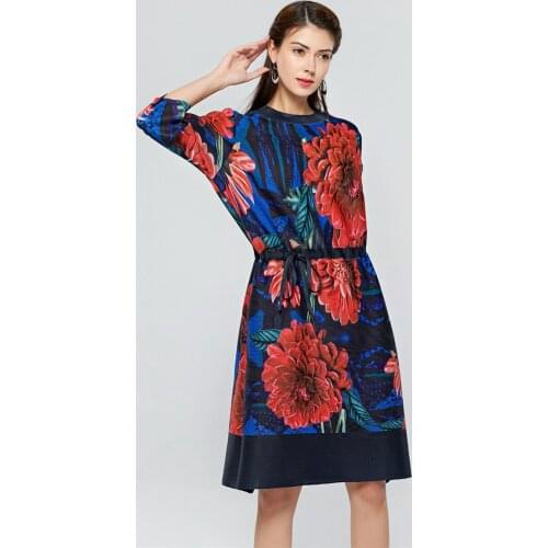 HOT SELLING Miyake Floral print colorblock drawstring drawstring waist slimming cropped sleeves pleated dress IN STOCK