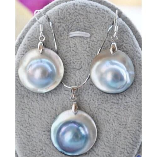 Hot sale Free Shipping>>>>>22MM GRAY SOUTH SEA MABE PEARL PENDANT & EARRING