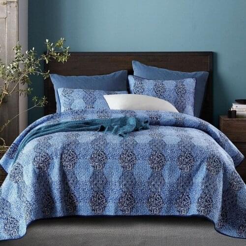 CHAUSUB Bedspreads For Double Bed Quilt Set 3PC Blue Cotton Quilts Quilted Coverlet Pillowcase Queen Size Bedding Summer Blanket