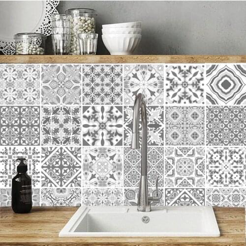 Gray Arabi Pattern Floral Ornament Ceramic Tiles Wall Sticker Stair Kitchen Home Decor Wall Decals Peel & Stick Art Wallpaper