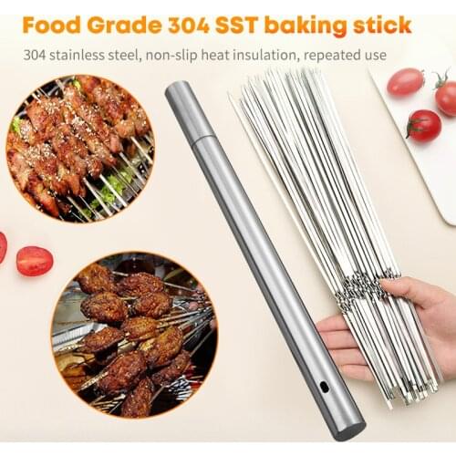 Stainless Steel Barbecue Skewer Storage Tube Reusable BBQ Skewer Flat Barbecue Fork Gadgets BBQ Utensils Camping Kitchen Tools